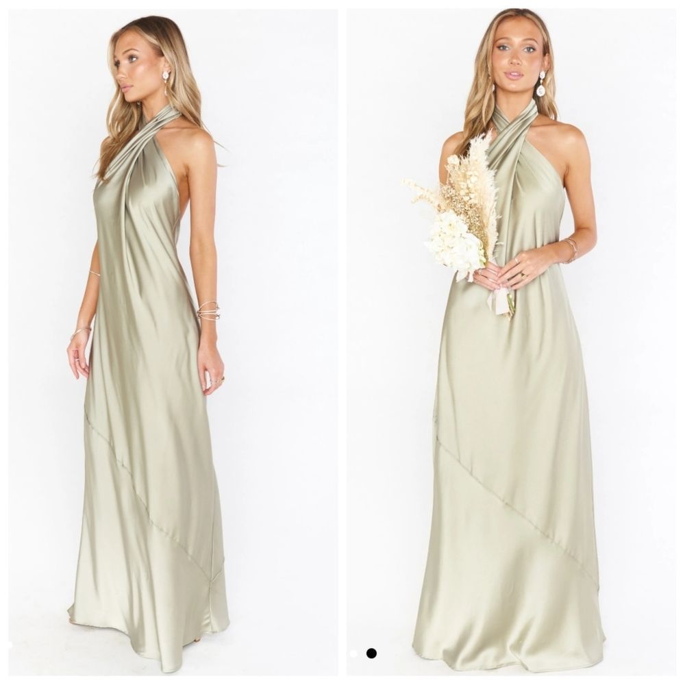 Show Me Your MuMu Jasmine Halter Maxi Dress In Moss Green Luxe Satin